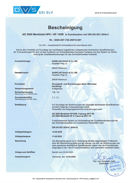 Befähigung zum Bau von Druckgeräten und Rohrleitungen AD2000 Merkblatt HP0 / HP100R