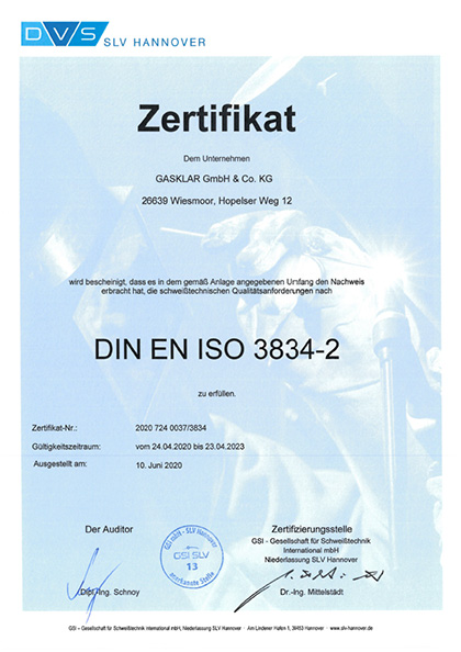 Zertifikat Qualitätsanforderungen für das Schmelzschweißen (Umfassende Qualitätsanforderungen) DIN EN ISO 3834-2