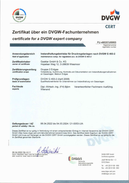 Instandhaltungsbetriebe für Druckregelanlagen DVGW G 493-2