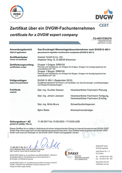 Zertifikat Gas-Druckregel-/ Messanlagenbauunternehmen DVGW G 493-1 Gruppe 1 Erdgas/Biogas