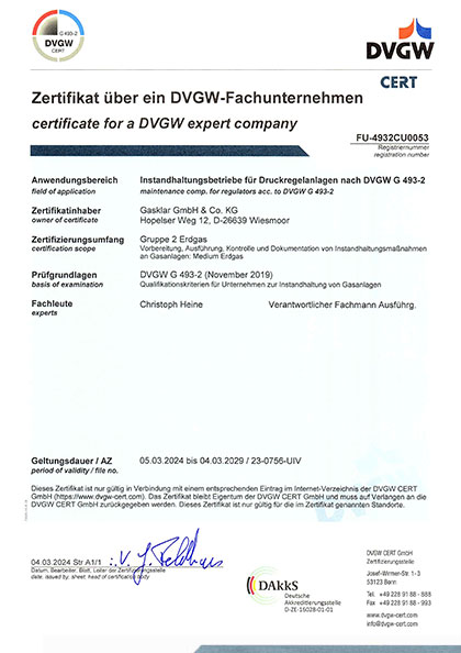 Instandhaltungsbetriebe für Druckregelanlagen DVGW G 493-2